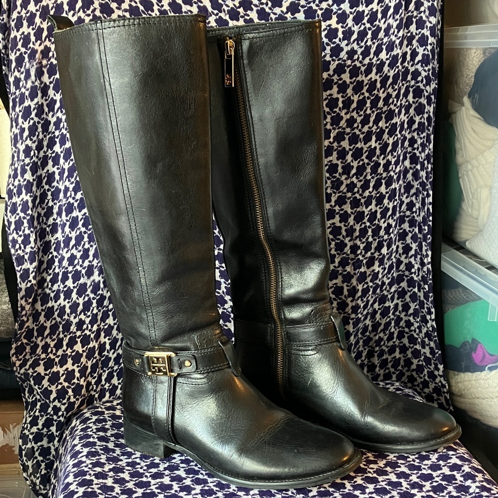 Tory Burch Alessandra Tall Riding black leather gold logo boots women’s 6.5